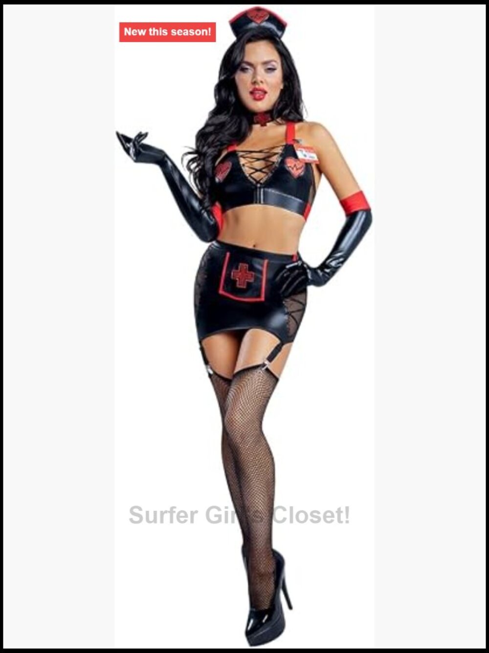 Women's Nurse Costume Set Black Crop Top Skirt Gloves Hat Choker Badge
